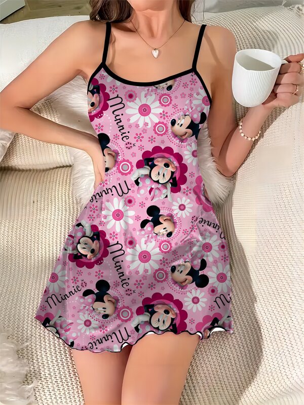 Пикантное платье с вырезом лодочкой Микки Диснея, модные летние платья с салатной отделкой и Минни Маусом, модель 2024 года, атласная пижама, элегантная шикарная юб