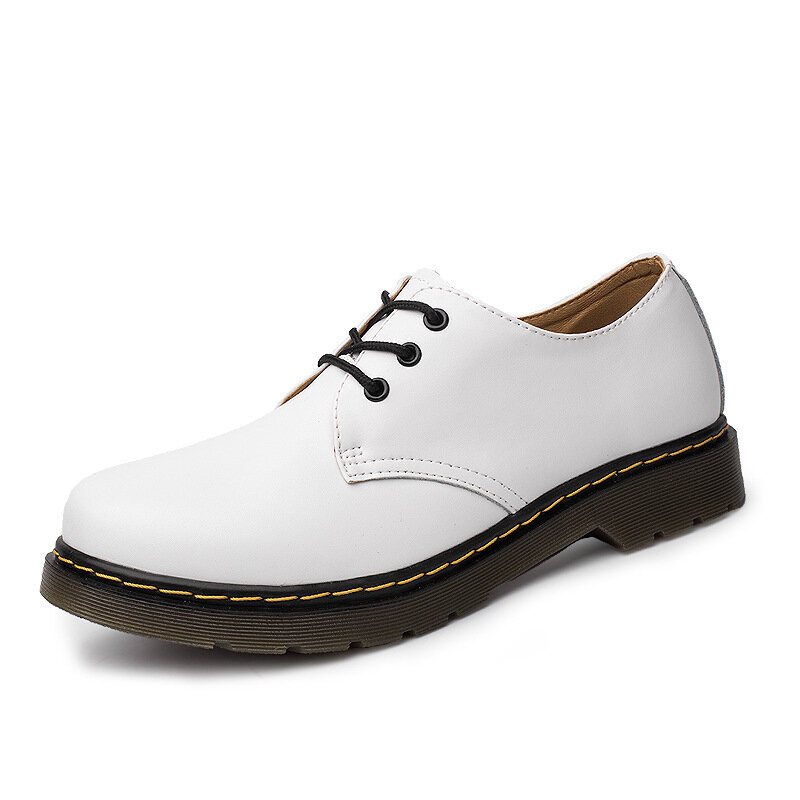 Doc Martens-bota baixa de couro, sapatos casuais confortáveis, trabalho plano, estilo britânico, pequeno, tamanho grande