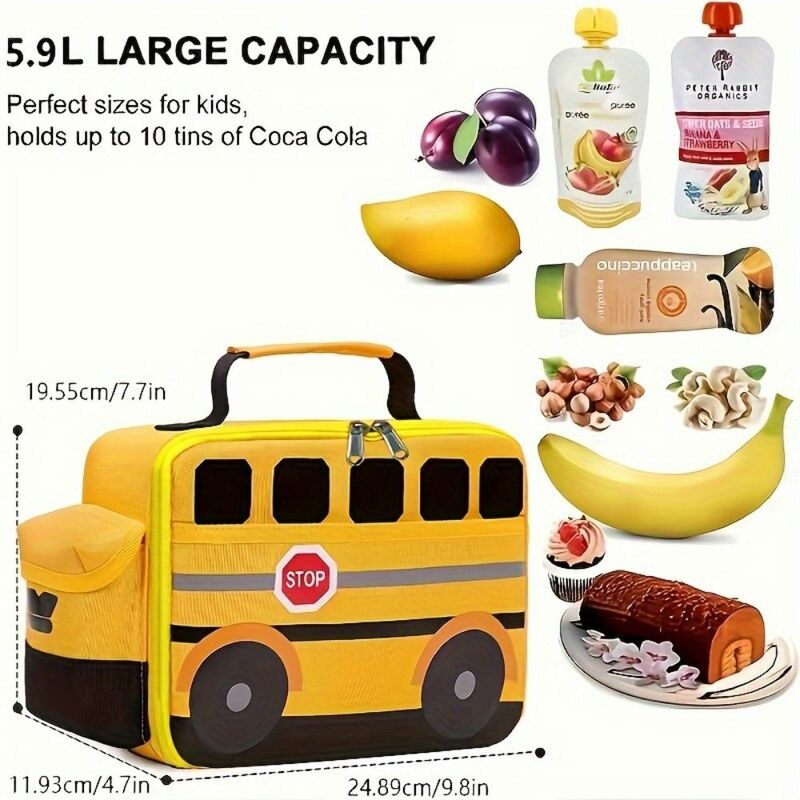 Tas piknik terisolasi termal tas tangan sekolah bentuk Bus tas makan siang terisolasi segar kartun tahan air