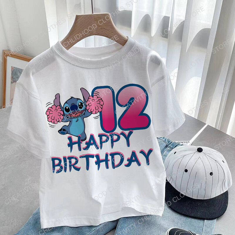 Nowy Lilo i Stitch urodziny dzieci numer 1-14 T Shirt Kid Kawaii chłopiec dziewczyna odzież codzienna Anime kreskówki koszulki dla dzieci topy Tee