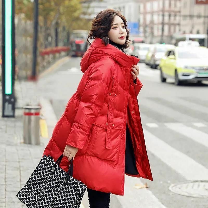 2023 Winter New Down Coat Women's Mid Length Bright Face Korean Streetwear Fashion Loose Small Parker Thick Hooded Down Jacket