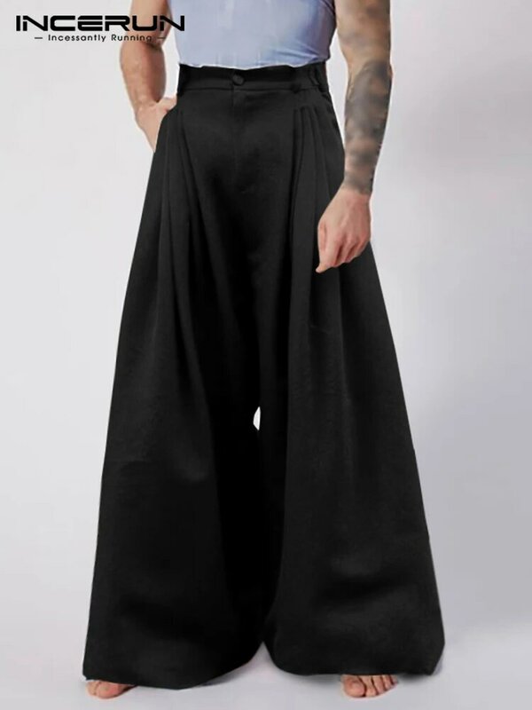INCERUN 2023 nowa męska moda na co dzień pantalony jednolita, dopasowana, prosta męska, workowata spodnie z wysokim stanem, długie spodnie w kroczu S-5XL