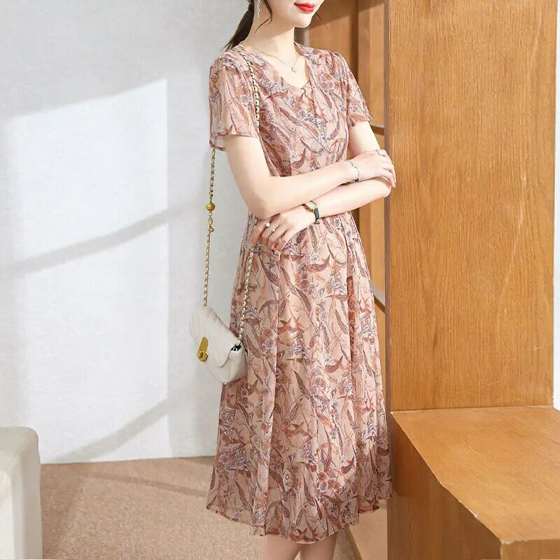 Elegant V-Neck Printed Spliced Folds Floral Dress Women's Clothing 2024 Summer New Loose Office Lady Short Sleeve Dresses