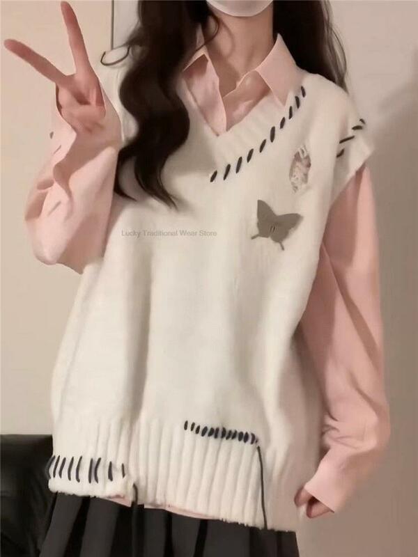 Костюм из двух предметов в Корейском стиле, дизайнерский Универсальный свитер с бахромой и V-образным вырезом, жилет Jk для девушек, школьная форма, жилет