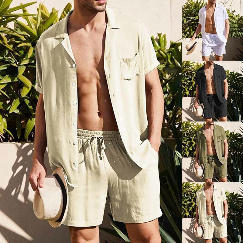 Conjunto solto estampado havaiano masculino, mistura de algodão, estampa floral, manga curta, roupa de 2 peças, tops e shorts, casual