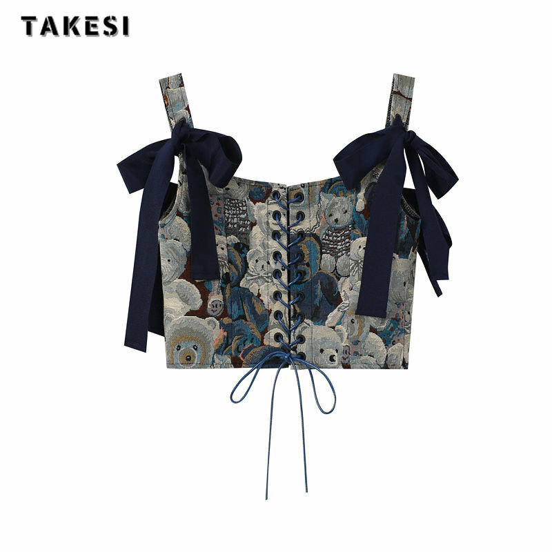 Women's Suits New Summer 2022 Korean Fashion Cute Little Bear Print Jacquard Crop Bow Suspender Tops High Waist Mini Skirts