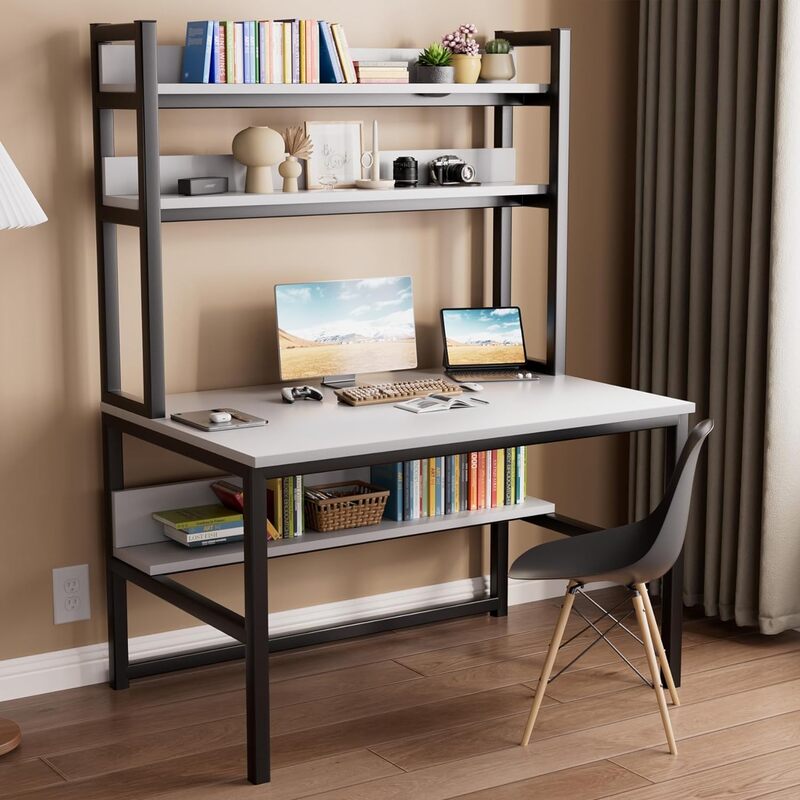 Aquzee Computer Desk with Hutch and Bookshelves, 55 inch Width White Desk with Shelves for Storage, Easy Assemble