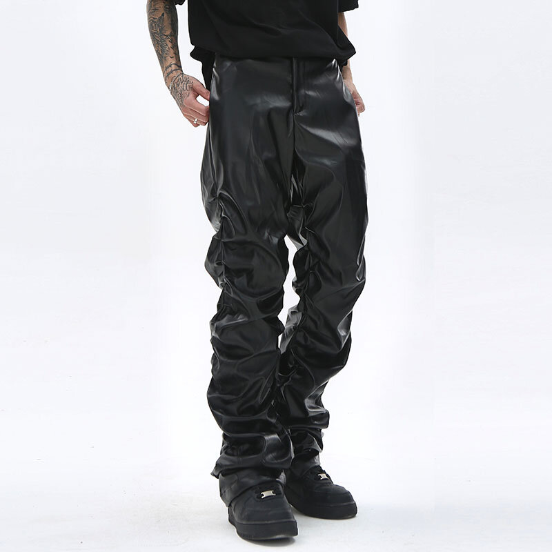 Брюки мужские Плиссированные из экокожи, уличная одежда в стиле Харадзюку в стиле ретро, свободные повседневные Прямые однотонные черные штаны с рюшами, в стиле хип-хоп