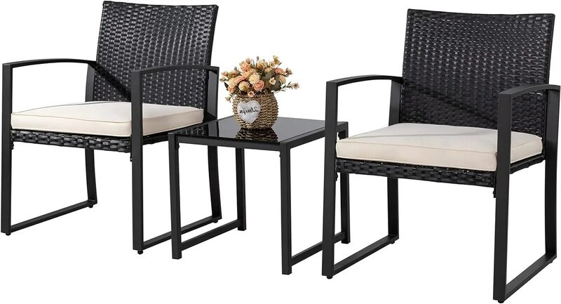 3 Pieces Outdoor Patio Furniture Set, Modern Wicker Bistro Set, Conversation Rattan Chair of 2 with Coffee Table for Yard Porch