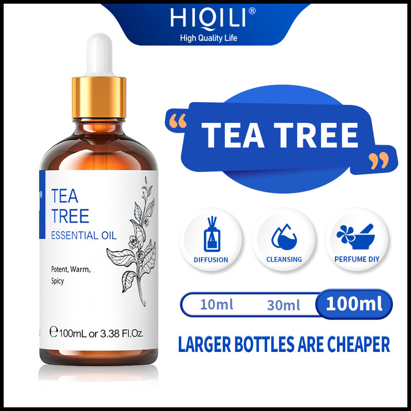 HIQILI 100 ML Tea Tree Óleos Essenciais para Difusor/Umidificador/Aromaterapia/Massagem Óleo Aromático para Velas/Sabão/Cuidados com o Cabelo