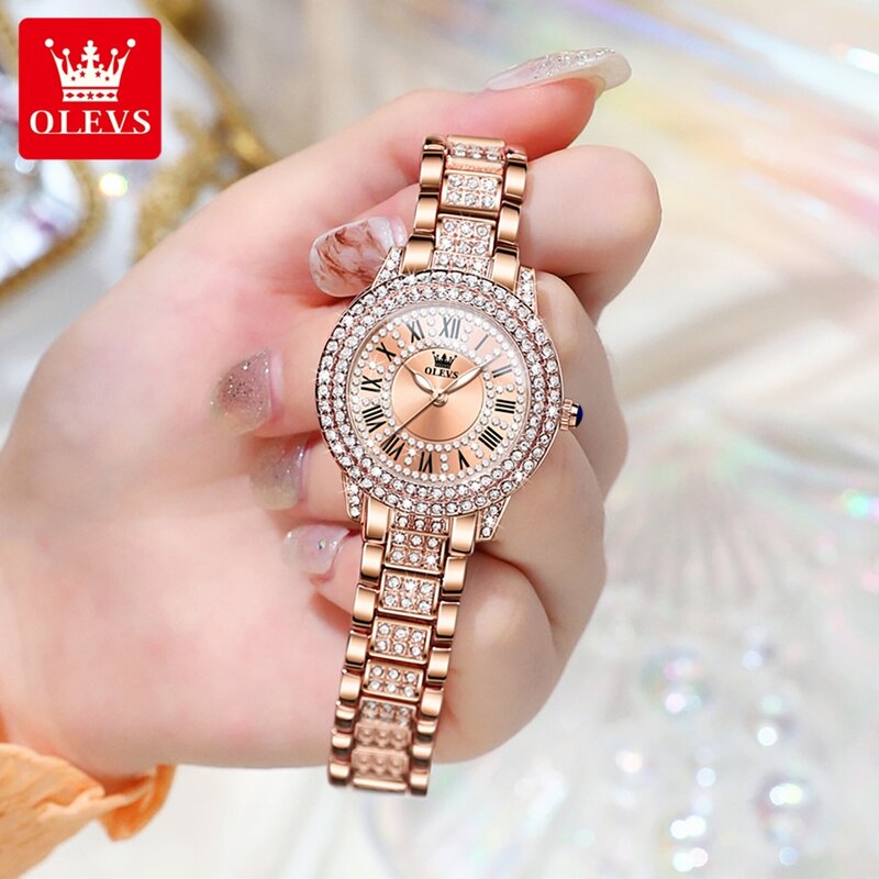 OLEVS jam tangan baja tahan karat wanita, arloji berlian asli Quartz tahan air untuk perempuan