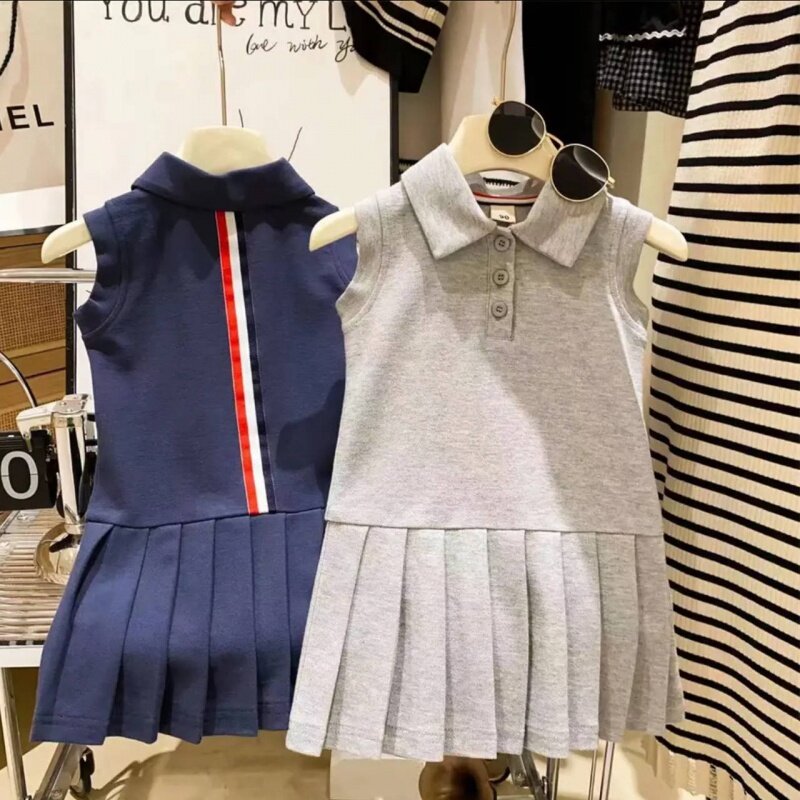 Girls' Preppy Style Dress 2024 Summer Baby Girl Fried Street Western Style Polo Dress Children's Vest Pleated Skirt Nl