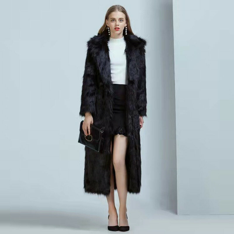 Abrigo de piel de zorro de imitación, solapa de temperamento de estilo ultralargo, a la moda y Popular en las estaciones de primavera y otoño