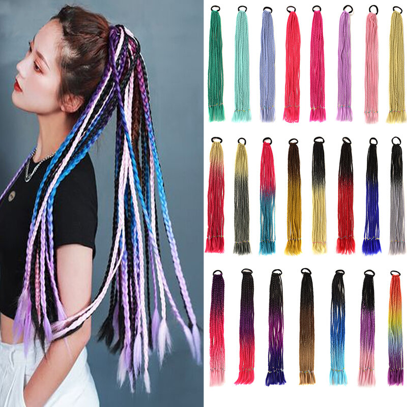 Extensión de cabello de cola de caballo trenzada colorida para mujeres y niñas, 24 pulgadas, trenzas sintéticas de Color arcoíris, cola de caballo con banda elástica