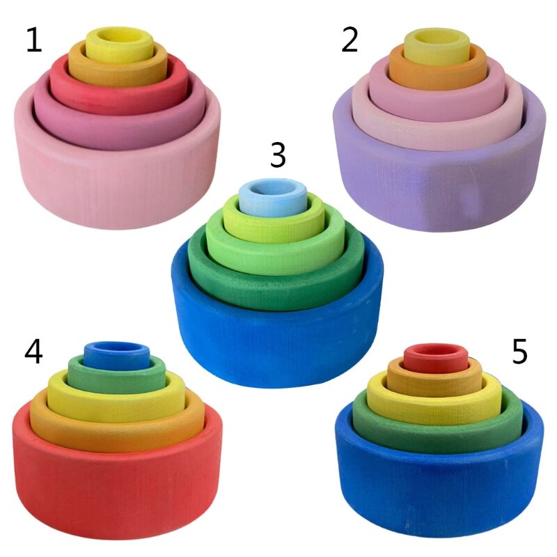 5 Pcs Baby Wooden Rainbow Stacker Children Stacking Game Learning Building Blocks Kids for Creative Educational Montessori