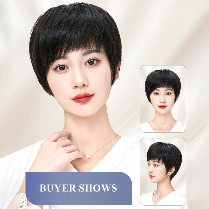 Black Wigs for Women, Fluffy Temperament with BangsWig Natural Color Hair is Thick for Middle-Aged and Elderly Women's Daily Use