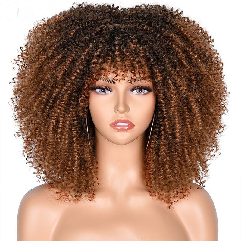 Peruca Afro Kinky Curly com Franja para Mulheres Negras, Cabelo Sintético, Cabelo Natural, Sem Cola, Pronto a Vestir, Moda Brasileira, 14"