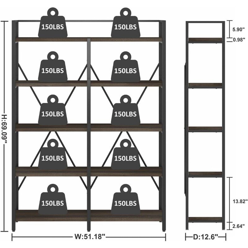 Книжная полка FATORRI, промышленный 5-уровневый книжный шкаф в деревенском стиле из дерева и металла, высокая книжная полка Etagere (орехового цвета, шириной 51 дюйм)