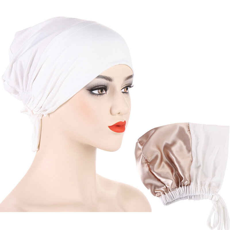 Double Layer Satin Hijab Cap for Women, Islam Undercap with Tie Bonnet, Instant Hijabs, Turkish Scarves, Muslim Turban, Bandana