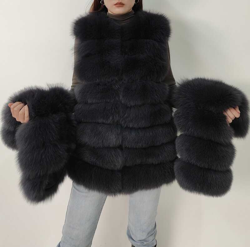 2024 Hot 4in1 New Winter Jacket Vest Luxury Long Furry Fur Natural Real Fox Fur Coat For Women's Overcoat Free Shipping 70cm