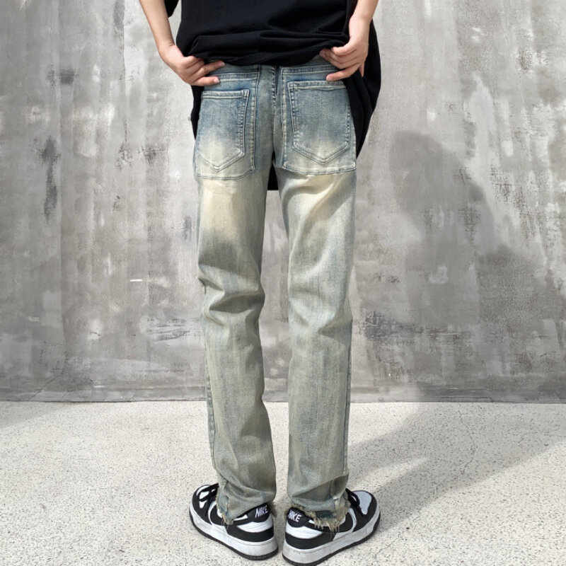 Jeans uomo Vintage stile europeo buco pantaloni dritti Design moda High Street lavato Chic giovanile accogliente tutto-fiammifero affascinante