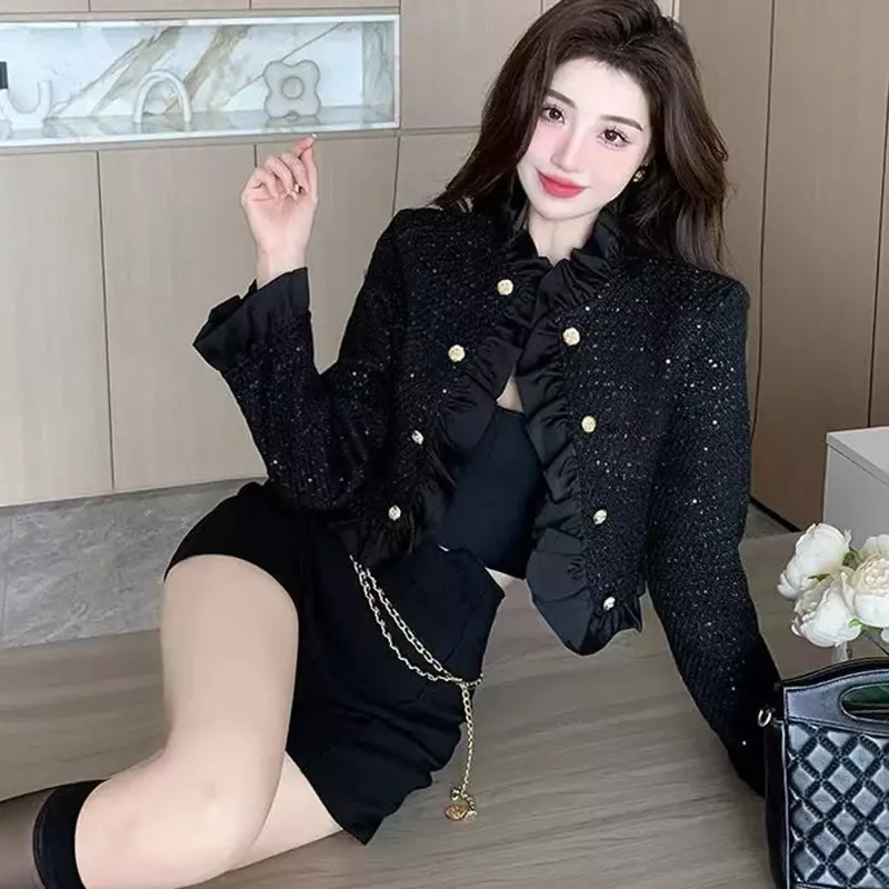 2024 White Tweed Jacket Women Fashion Ruffles Patchwork Cropped Coats Woman Korean Style Double Breasted Jackets Female
