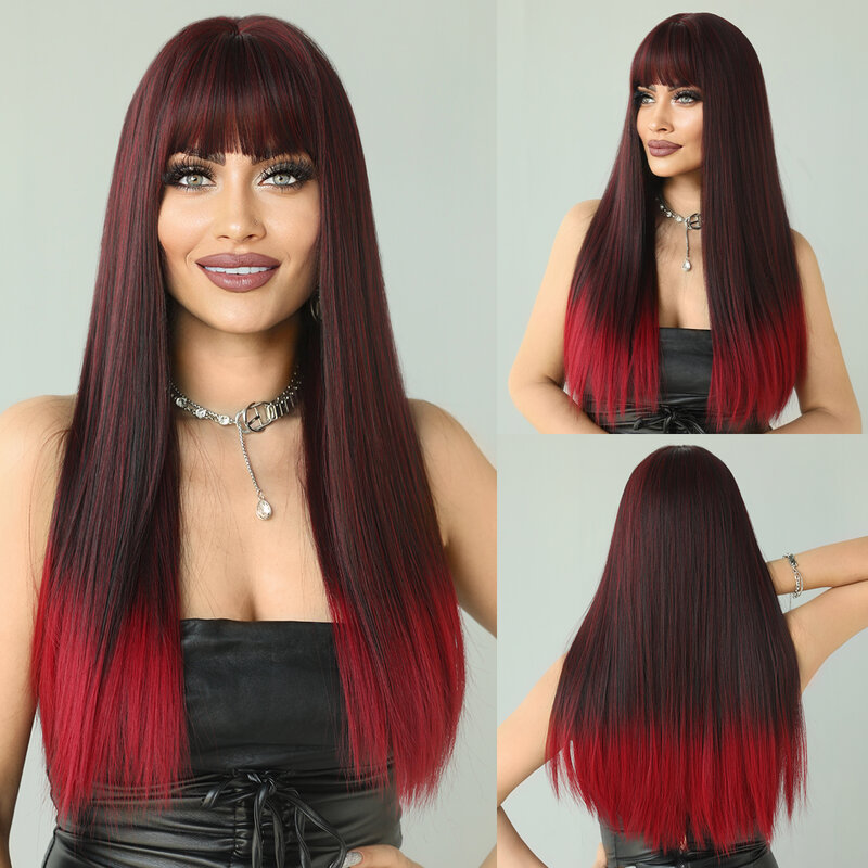 NAMM Halloween peruka do Cosplay z Bang peruki syntetyczne dla kobiet żaroodporne naturalne włosy długie proste Ombre wino czerwone peruki