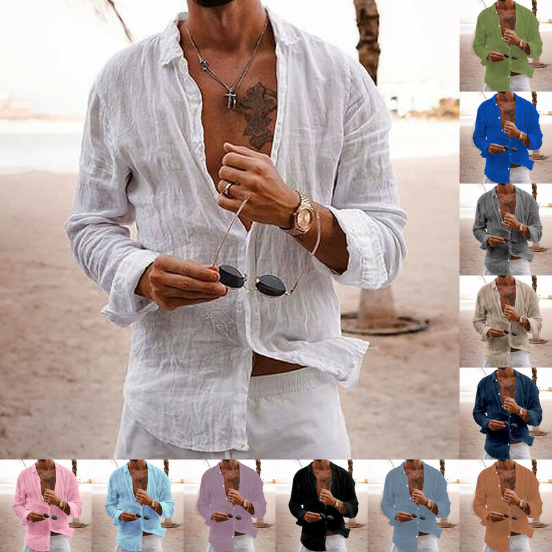 2024 new loose single-breasted lapel solid color cotton long-sleeved shirt men's medieval casual top clothing