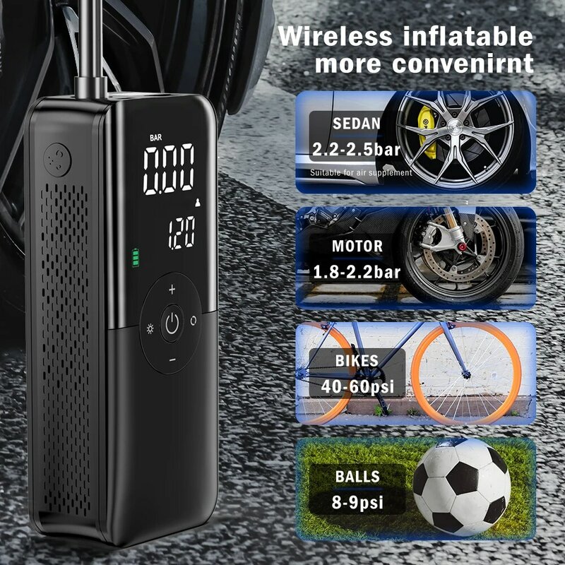 ポータブル電動エアポンプ,ワイヤレス,緊急エアコンプレッサー,USB出力,圧力検出,スマート自転車およびオートバイ用