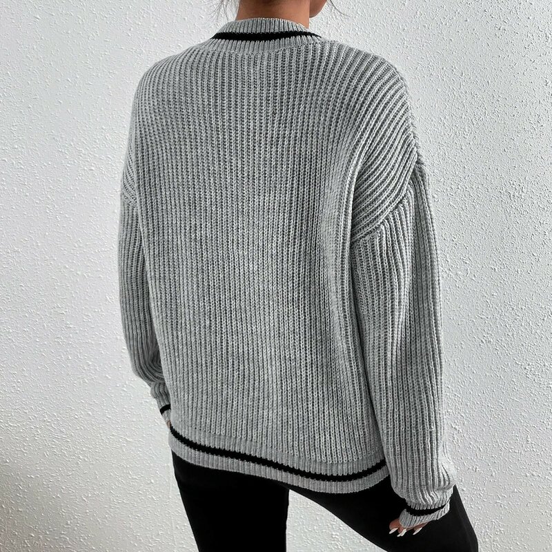 Jersey holgado de punto para mujer, suéter blanco de manga larga con cuello en V, estilo coreano, Tops elegantes, otoño e invierno, 2023