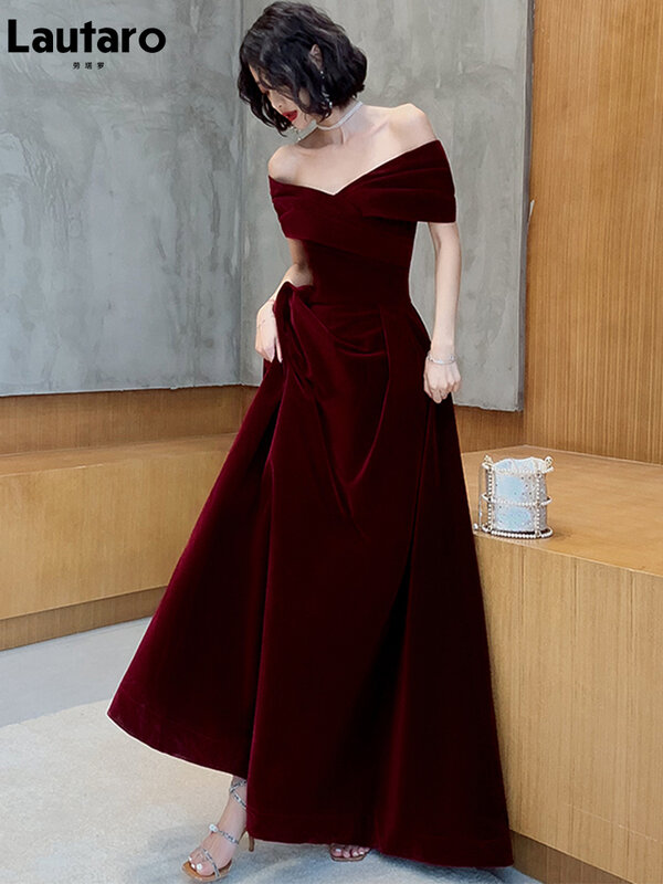 Lautaro primavera longo luxo elegante vinho vermelho macio veludo vestidos de noite festa de casamento para as mulheres 2022 fora do ombro maxi vestido