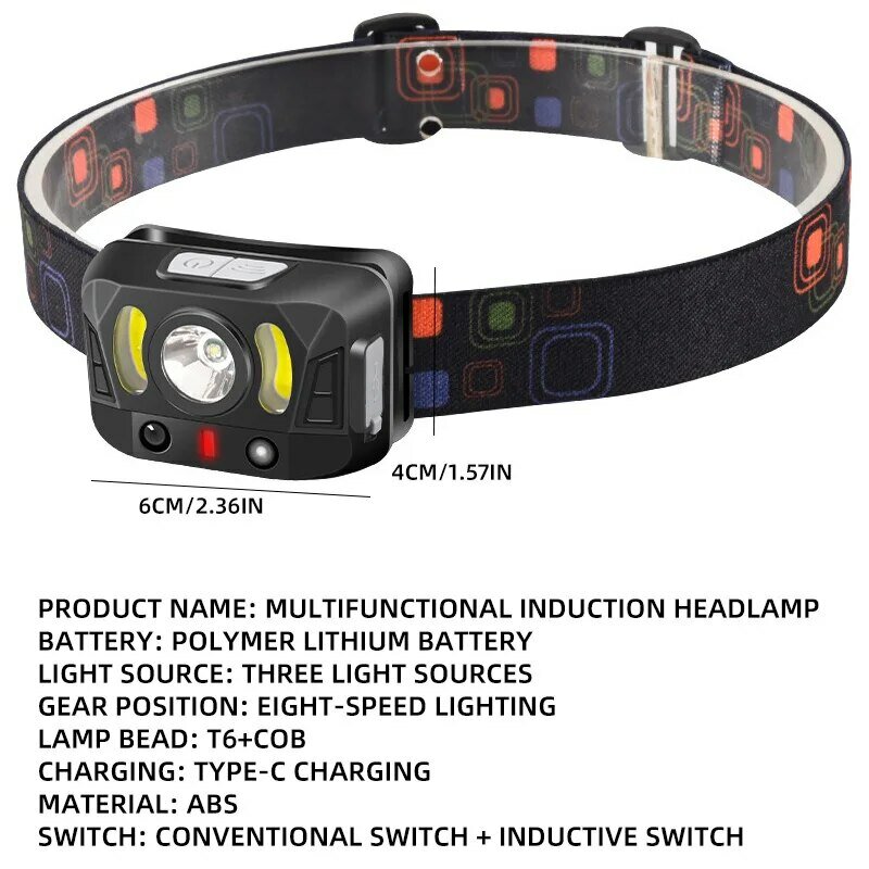 Mini LED Headlamp USB Rechargeable Headlight Wave Sensor Head Flashlight Outdoor Houshold Lamp for Camping Hiking Emergency Fish