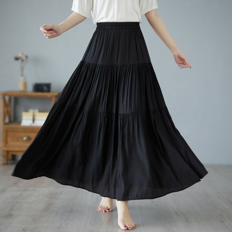 Женская плиссированная юбка, Повседневная однотонная трапециевидная юбка с поясом на резинке, модель P665 в Корейском стиле на весну и лето, 2024