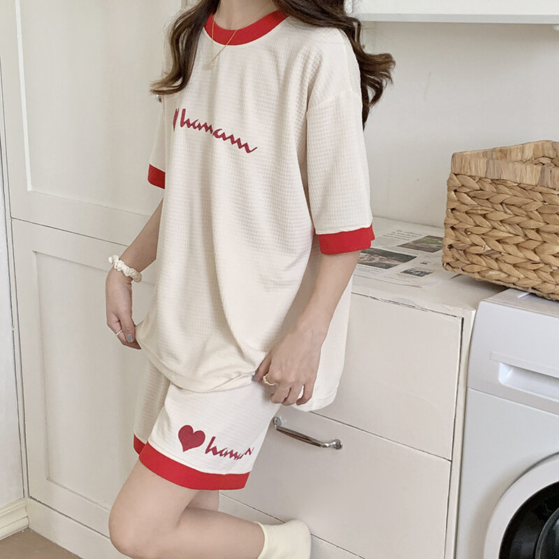 Women's Pajamas New Summer Imitation Cotton Jacquard Mesh Pullover Round Neck Casual Printing Double Short Set Home Furnishing