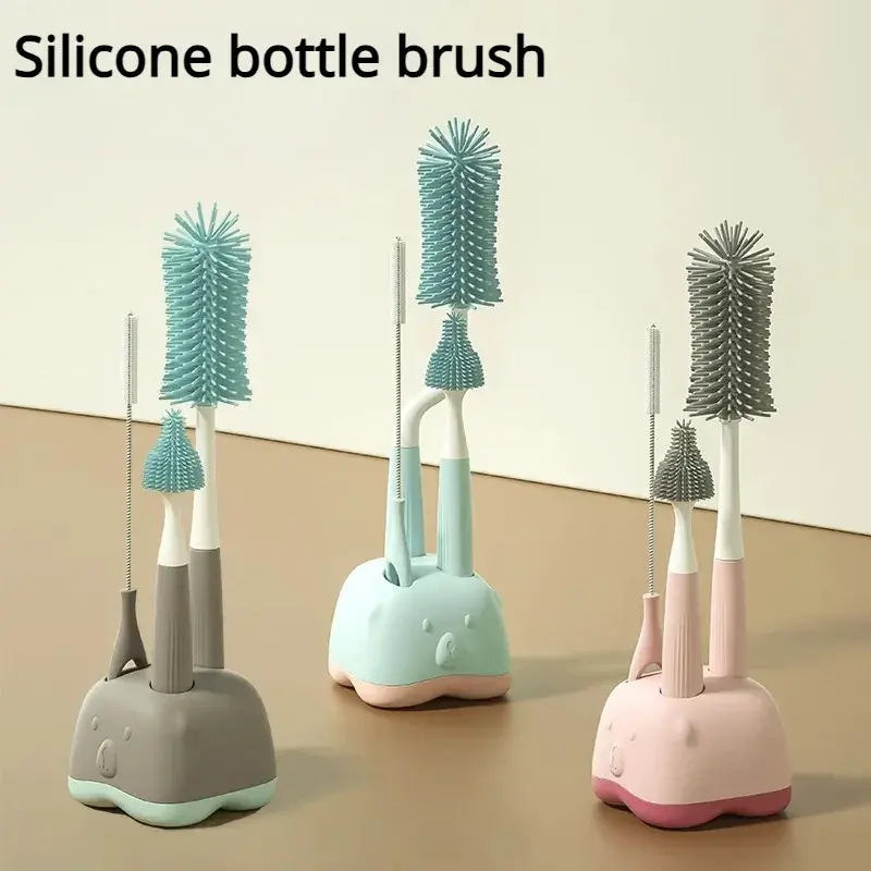 Conjunto de escova de mamadeira de silicone, rotação de 360 graus, colorido, desenhos animados, chupeta, copo, ferramenta de limpeza, 3 ou 4 peças