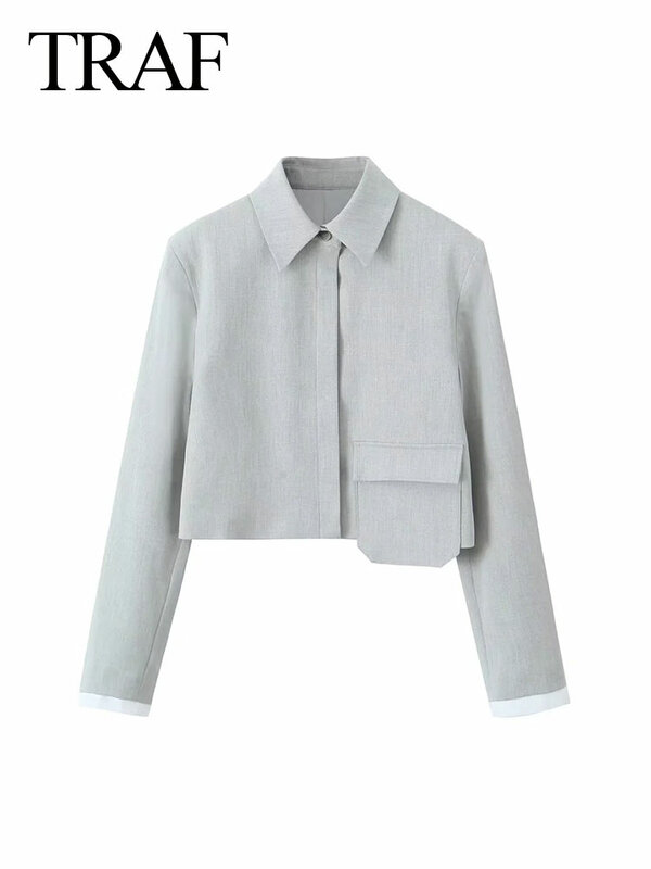Traf 2024 Frühling Frauen schicke Tasche kurze Jacke neue Revers Langarm versteckten Knopf elegante schicke Oberbekleidung weiblichen Mantel trendy