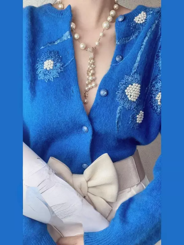 Cardigan Brodé de Perles Bleues de Style Coréen pour Femme, Chandail à la Mode, Printemps-Automne