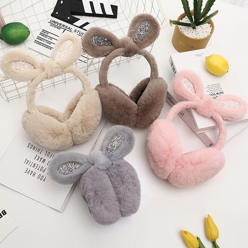 New in Fur Ear Muffs for Women's Autumn and Winter Plush Thickened Warmer Ear Protection Foldable Cute Rabbit Sequin Earflap