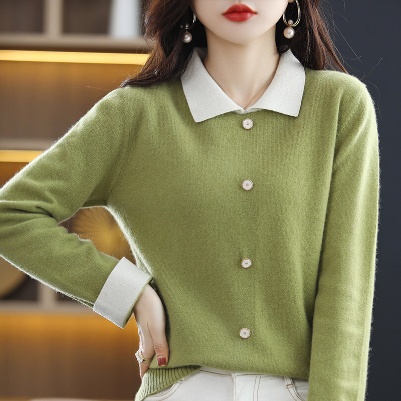 Suéter de cachemira de punto para mujer, cárdigan falso con cuello de muñeca, Base de lana pura, versión coreana, otoño e invierno, 2022