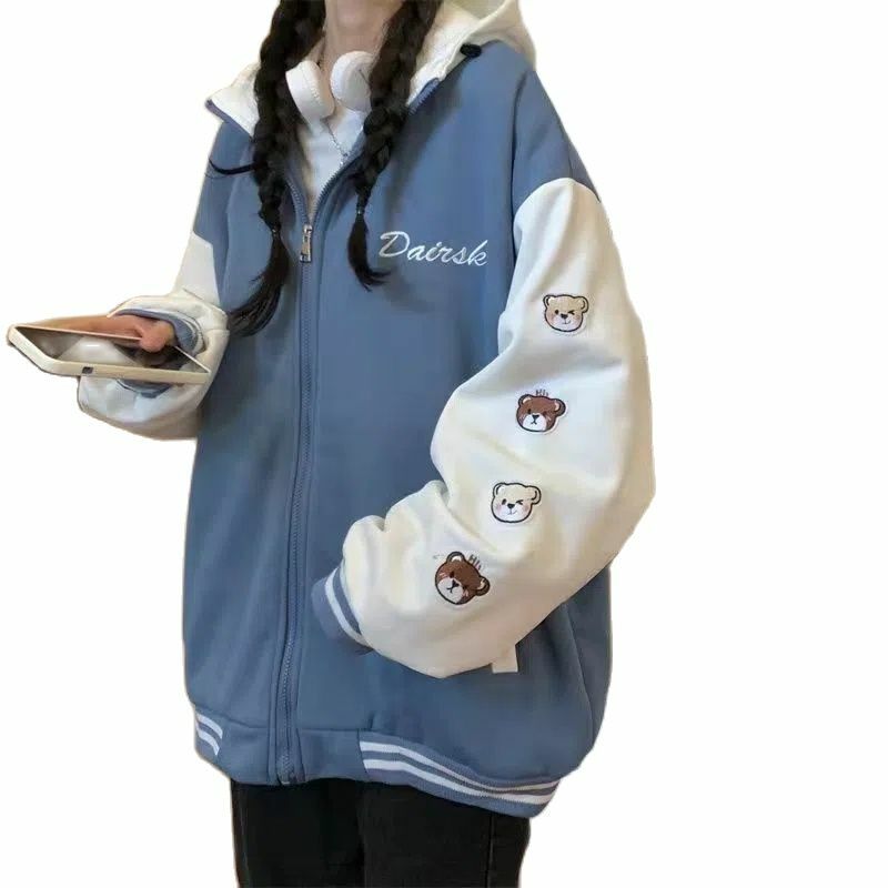 Impressão azul lazer solto jaquetas feminino uniforme de beisebol com capuz outcoat outono/inverno 2021 nova selvagem esportes hoodie