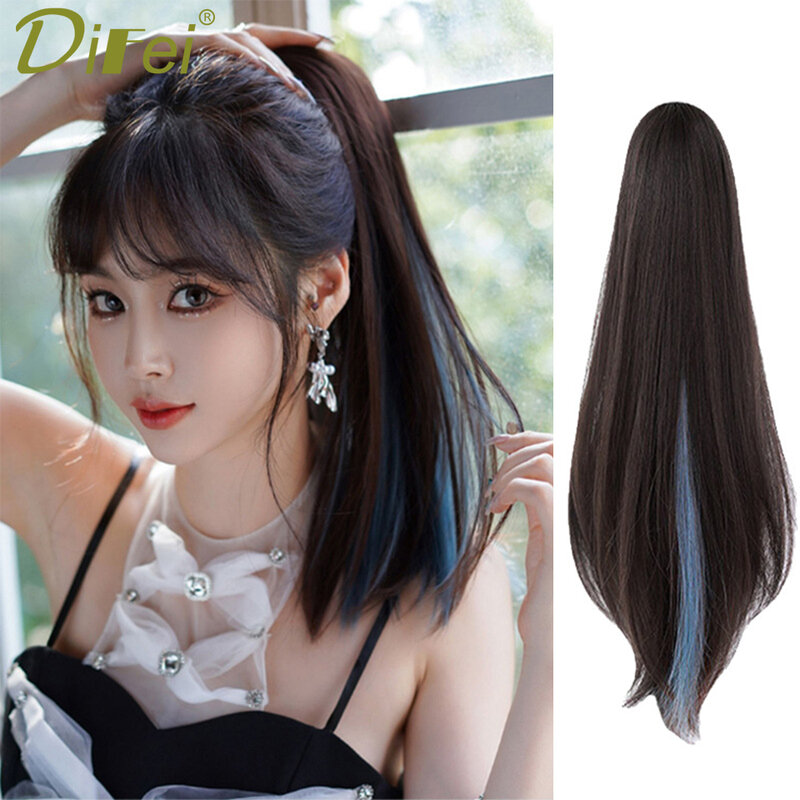 Синтетический парик DIFEI, Женский хвост, длинные прямые волосы, зажим для конского хвоста, яркий синий хвост, модный хвост