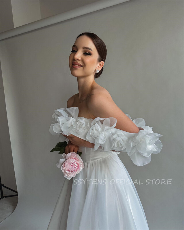 Fairy A Line abito da sposa abiti da festa di nozze 2024 fiori 3D Off spalla abiti da sposa principessa bianca Split muslimah