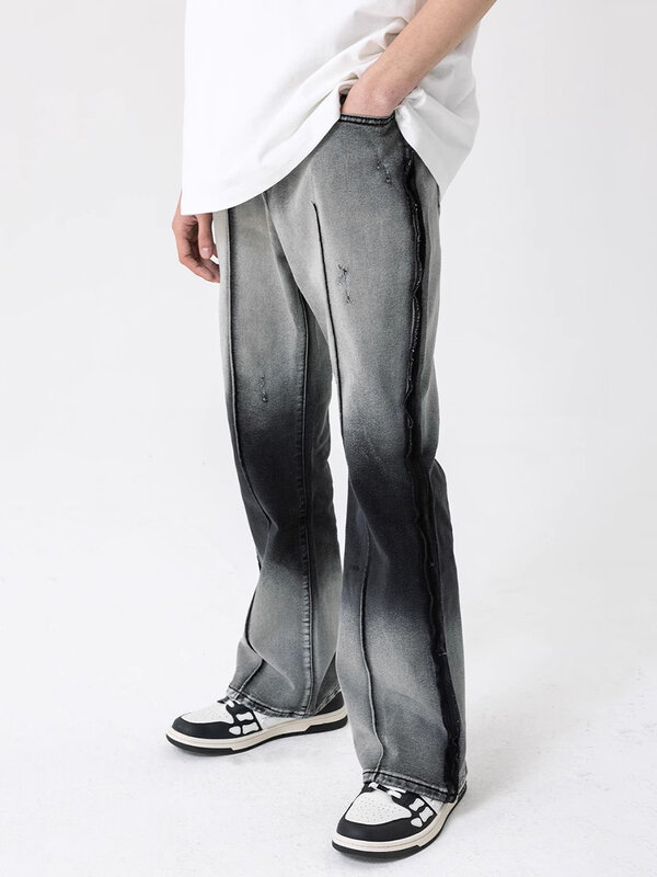 Jeans desfiados de REDDACHIC masculino, calça jeans de perna larga reta, calça hip hop, cinza gradiente à prova de poeira, vintage e elegante