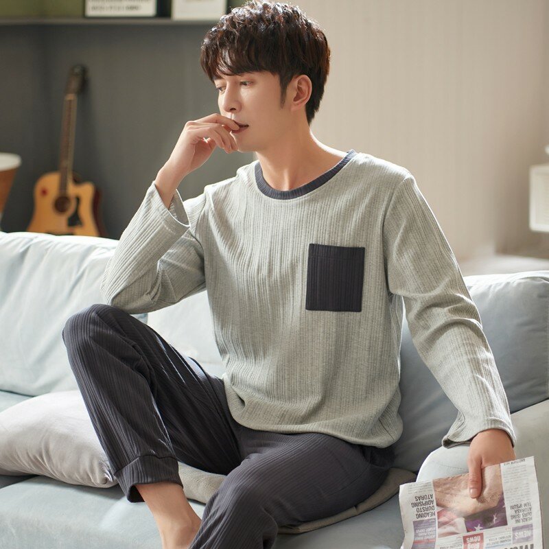 Set Piyama Pria Katun Pakaian Tidur Musim Semi Musim Gugur Atasan Tidur Celana Panjang Pakaian Tidur Pria Baju Tidur Mode Korea Setelan Rumah Dropship