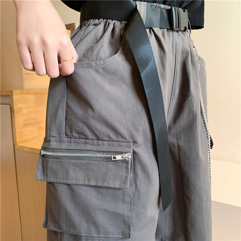 Rimocy กางเกงคาร์โก้สายโซ่สไตล์ฮาราจูกุของผู้หญิงกางเกงขาสั้นสีดำเอวสูงมีกระเป๋าขนาดใหญ่สำหรับฤดูร้อน2024