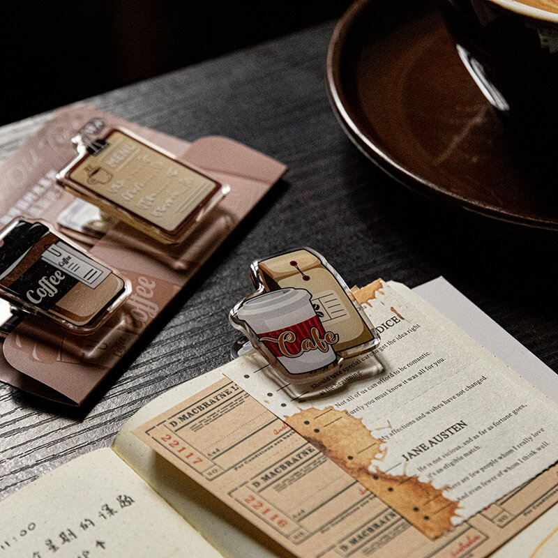 Clipe de café acrílico para menina, Old Time Series, Vintage Drip Office Supplies, Material adesivo Handbook, Molho de tomate, Card Lover, 2 pcs