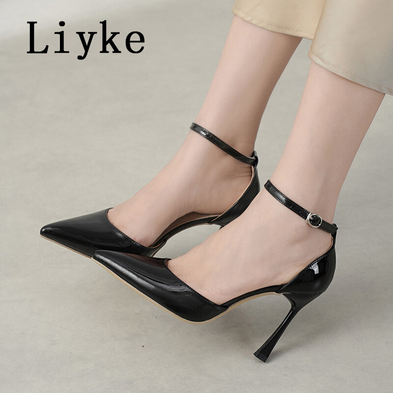 Туфли-лодочки Liyke женские из лакированной кожи, пикантная обувь на шпильке, заостренный носок, ремешок с пряжкой, сандалии с ремешком на пятке