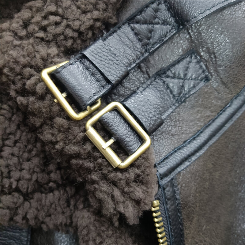 Abrigo de piel y piel de oveja Original para hombre, chaqueta de cuero genuino de invierno, B3, parche informal, bolsillo, cuello abatible, ropa masculina