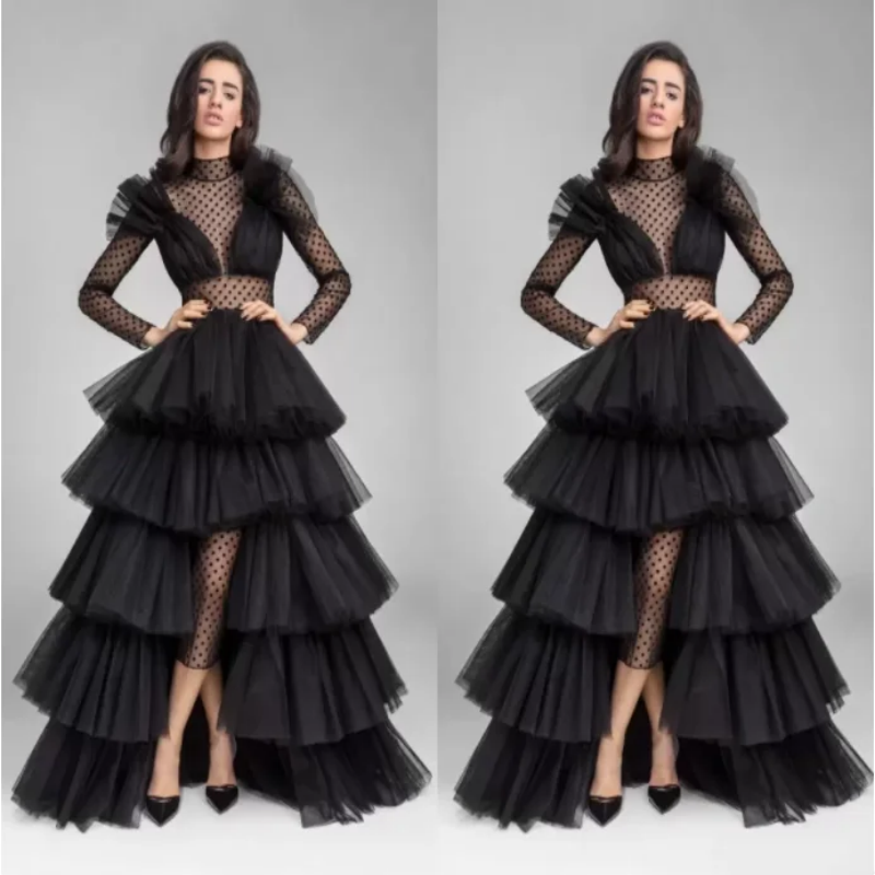 Classic Black Tulle Evening Dresses Long Sleeves A Line Tiered Floor Length Formal Party Prom Gowns For Women فستان حفلات الزفاف