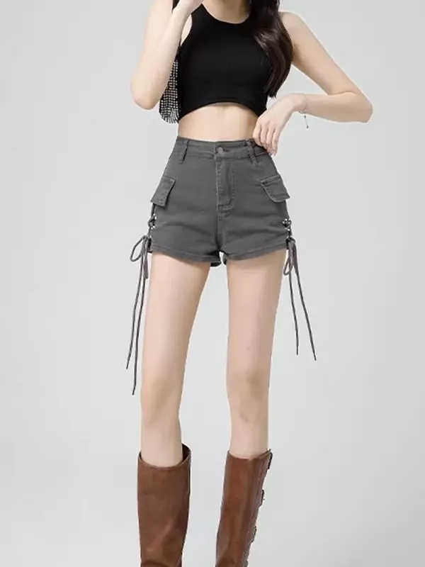 2024 Vintage Streetwear Denim Cargo Shorts Vrouwen Sexy Hoge Taille Grijze Shorts Slanke Veters Amercian Retro A Line Shorts